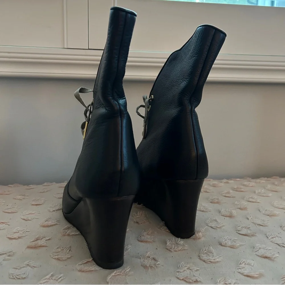 Chloe Wedge Lace Up Leather Heeled Ankle Boot Scallop Detail Black Leather 39 - Picture 5 of 15